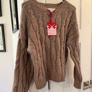 Pink Rose Cable Knit Crewneck Sweater in Taupe